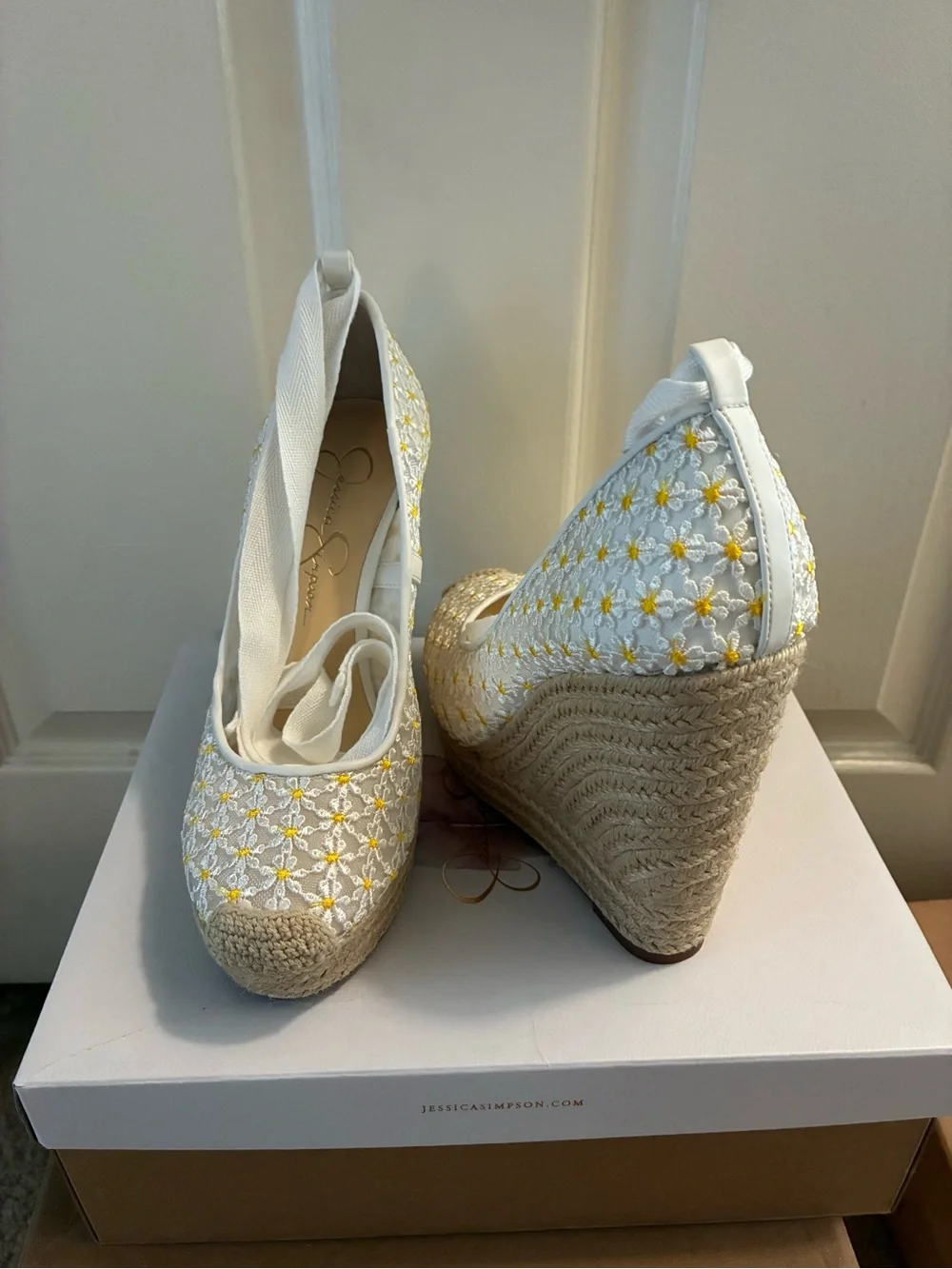 Jessica Simpson White Espadrille Wedges with Yellow Floral Embroidery